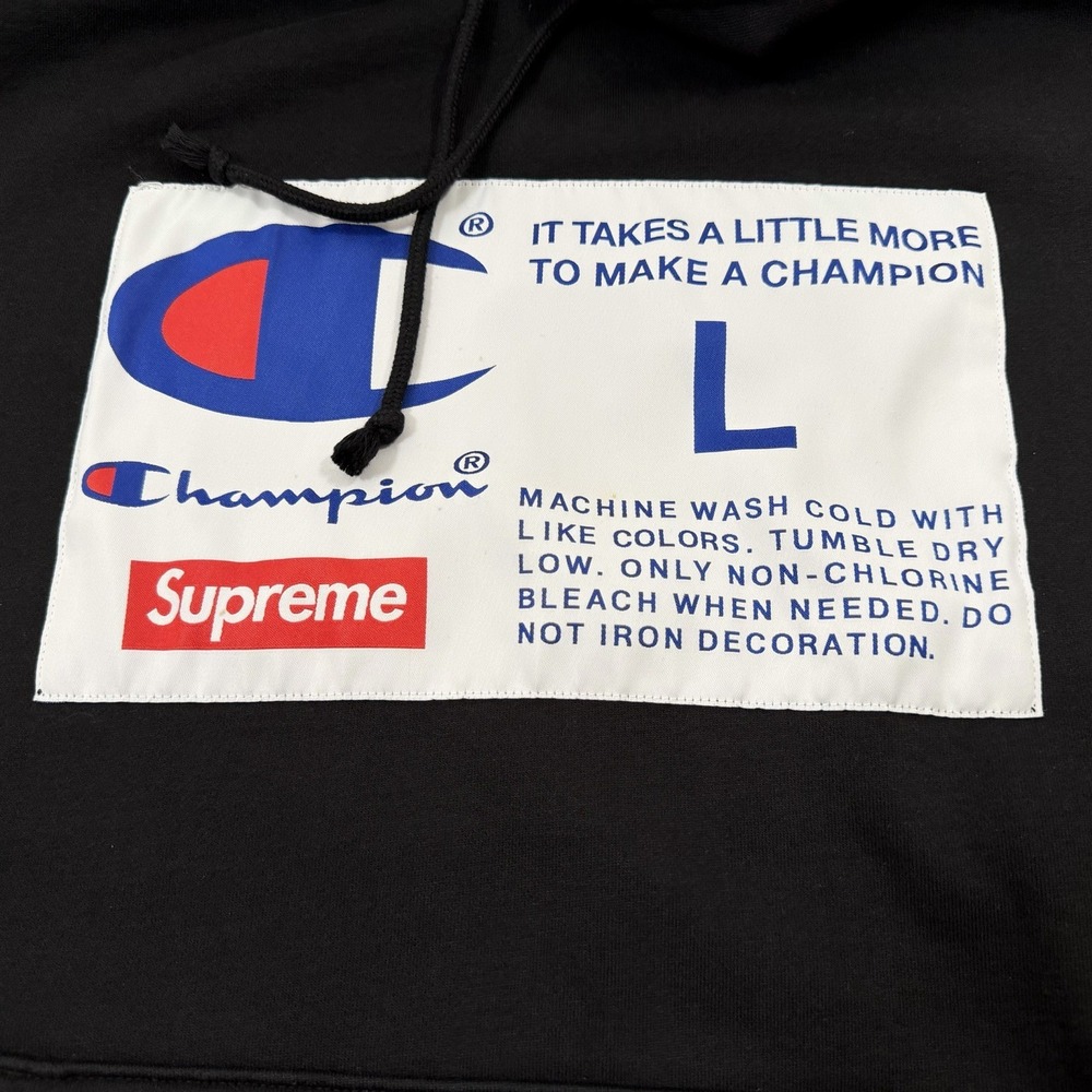 Supreme X Champion Box Logo Label Black Hooded Sweatshirt Hoodie Size Large
